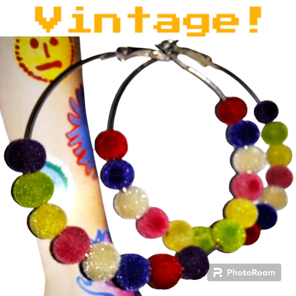 AUTHENTIC Rare Find! 70s/80s VINTAGE Large 2.5" Hoop Earrings Gogo Dance Rainbow
